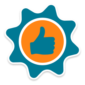 Icon of a thumbs up with a blue gear-like border on an orange circle