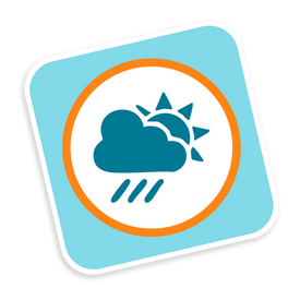 Weather icon with sun, cloud, and raindrops on a blue background