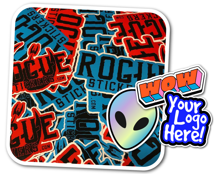 Colorful sticker sheet with 'ROGUE STICKERS' branding and a customizable alien graphic.